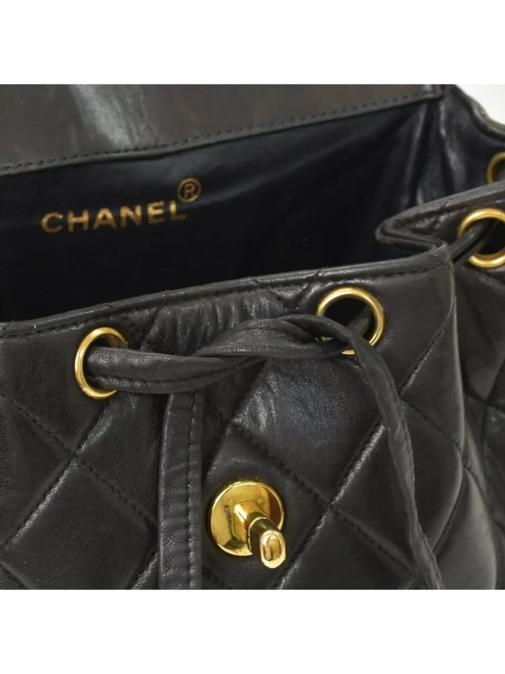Chanel Quilted Backpack Lambskin CC Logo Black Vintage Gold